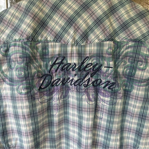 Harley-Davidson Large Short Sleeve Embroidered Blue Purple Silver Plaid Buttonup - Picture 6 of 8